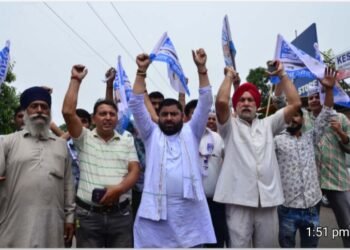 President AAP Trade Union J&K, Mr. Sewa Singh Bali protests for grant of Salary in favour of SPO’s.”