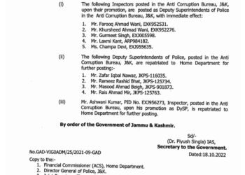 Transfer and posting of police officer in Anti corruption bureau in J&k