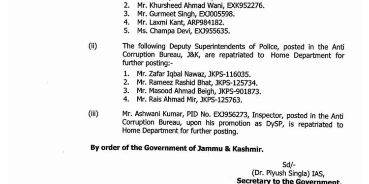 Transfer and posting of police officer in Anti corruption bureau in J&k