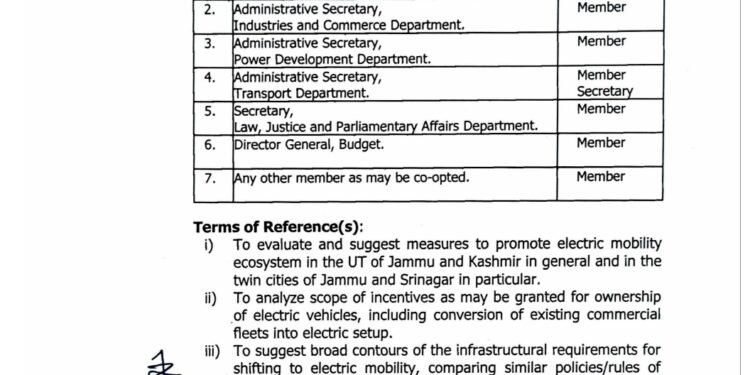 Constitution of Committee for formulation of Electric Vehicle Policy for the Union territory of JK