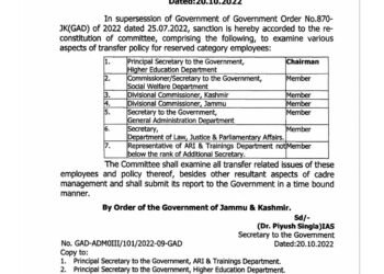 Re-constitution of committee to examine the transfer related issues of reserved category employees of Jammu Division appointed in Kashmir Division