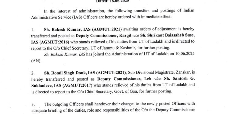 “Suse and Santosh Relieved from Ladakh; Rakesh and Donk Appointed as DCs of Kargil and Leh”