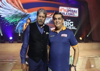 Kapil Dev and Ameet Gadhoke launch the jersey of SoBo Mumbai Falcons for the T20 Mumbai League 2025