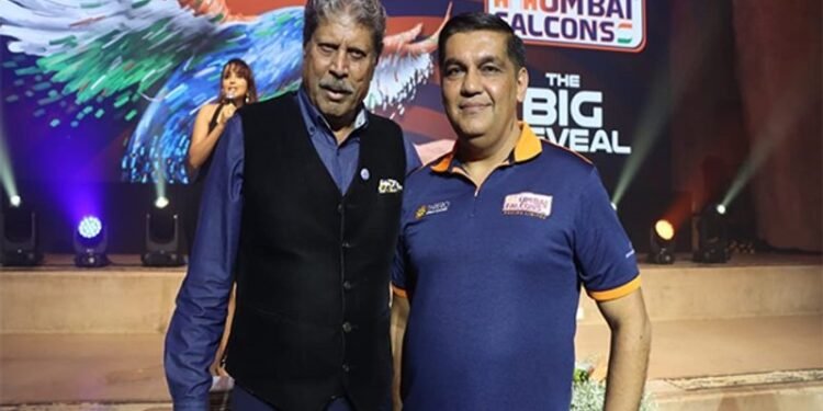 Kapil Dev and Ameet Gadhoke launch the jersey of SoBo Mumbai Falcons for the T20 Mumbai League 2025