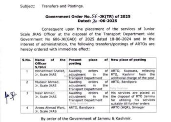 Four JKAS Officers Reshuffled in J&K Transport Department