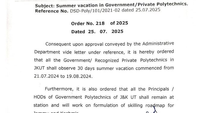 30-Day Summer Vacation Announced for J&K Polytechnics
