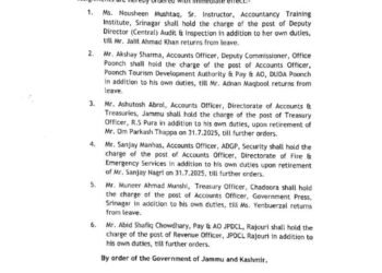 J&K Finance Department Assigns Additional Charges to Six Officers