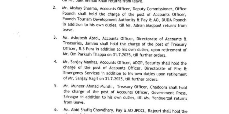 J&K Finance Department Assigns Additional Charges to Six Officers