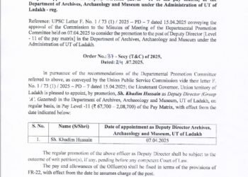 Khadim Hussain Promoted as Deputy Director in Ladakh Archives Department