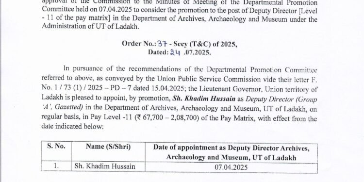 Khadim Hussain Promoted as Deputy Director in Ladakh Archives Department
