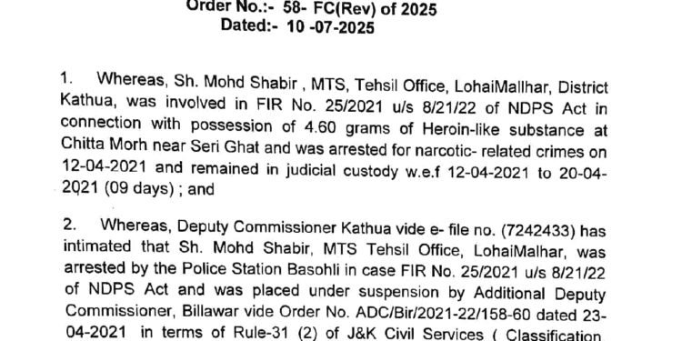 MTS Employee Dismissed in Kathua Over NDPS Case Involvement