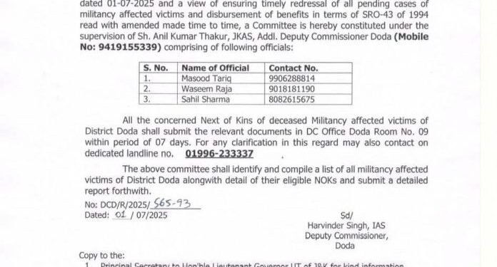 Panel Constituted in Doda to Fast-Track Pending Cases of Militancy Victims