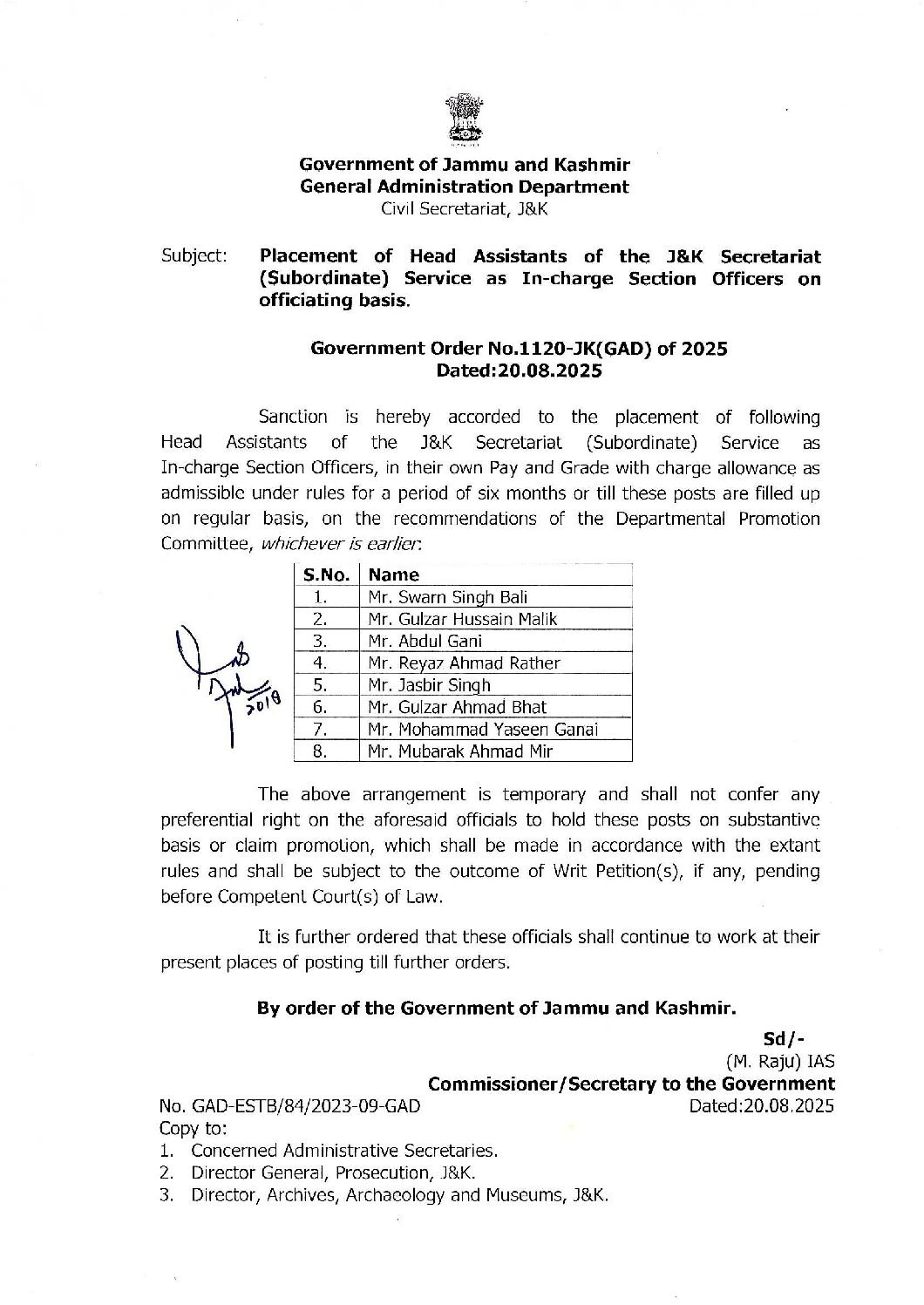 J&K Govt Elevates Eight Head Assistants as In-charge Section Officers