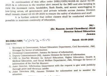 Schools in Jammu Division to Remain Shut Till September 5 Amid Heavy Rains