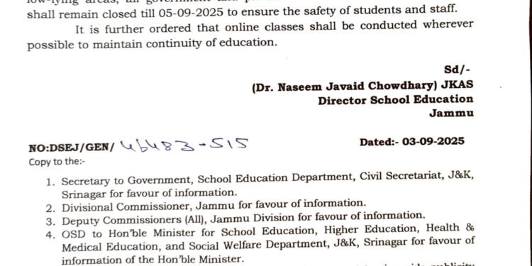 Schools in Jammu Division to Remain Shut Till September 5 Amid Heavy Rains