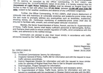 Mughal Road Reopens For LMVs Between Bufliaz–Peer Ki Gali From Feb 27