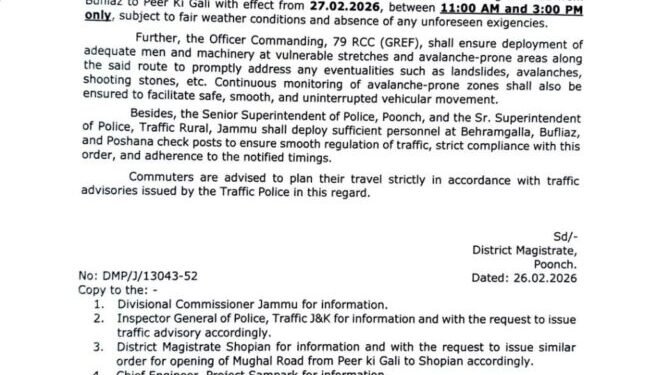 Mughal Road Reopens For LMVs Between Bufliaz–Peer Ki Gali From Feb 27