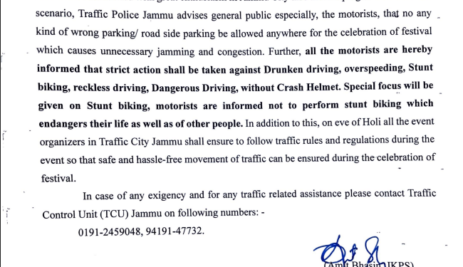 Traffic Police Jammu Issues Strict Advisory Ahead of Holi