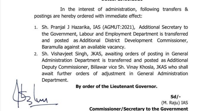 J&K Government Orders Transfer And Posting Of IAS, JKAS Officers