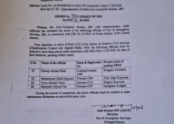 J&K Fire Services Suspends Four Officials Following ACB Arrest in Corruption Case