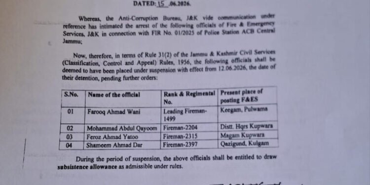 J&K Fire Services Suspends Four Officials Following ACB Arrest in Corruption Case