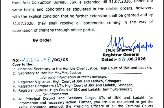 J&K High Court Extends Manual Acceptance of ACB Challans Till July 31, Sets Final Deadline for Online Transition
