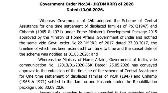 J&K Government Extends Financial Assistance Schemes for WPRs, PoJK and Chhamb Displaced Persons