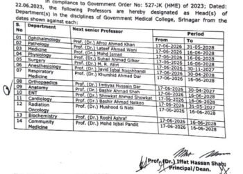 GMC SRINAGAR APPOINTS 14 NEW HEADS OF DEPARTMENTS UNDER ROTATIONAL POLICY; DR M.R. ATTRI TO LEAD SURGERY
