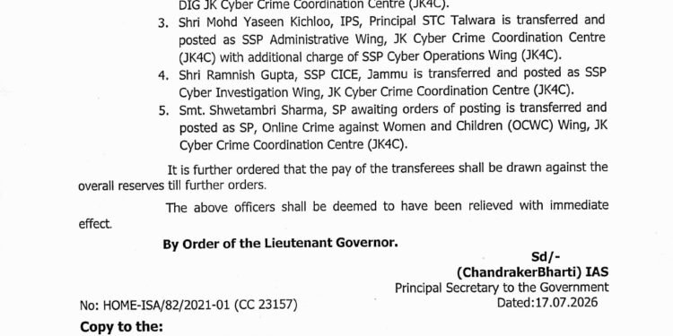 J&K Strengthens Cyber Policing: 5 Senior Police Officers Transferred to Newly Established JK4C