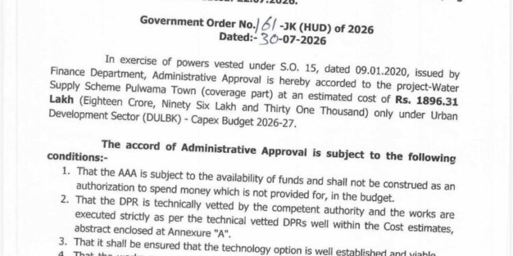 J&K Govt Approves ₹18.96 Crore Water Supply Project for Pulwama