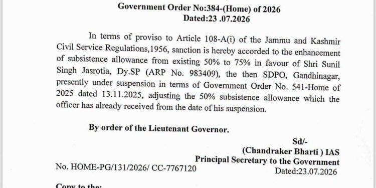 Suspended DySP Sunil Singh Jasrotia’s Subsistence Allowance Increased to 75%