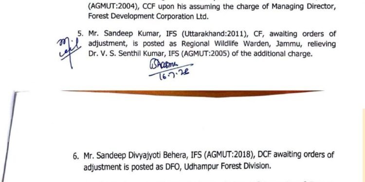 J&K Forest Department Transfers 9 Officers, Including Eight IFS Officers