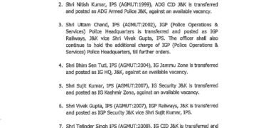 Major Police Reshuffle in J&K: Sujit Kumar Named IG Kashmir, Tejinder Singh Takes Charge as IG Jammu