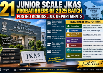 21 JUNIOR SCALE JKAS PROBATIONERS OF 2025 BATCH POSTED ACROSS J&K DEPARTMENTS