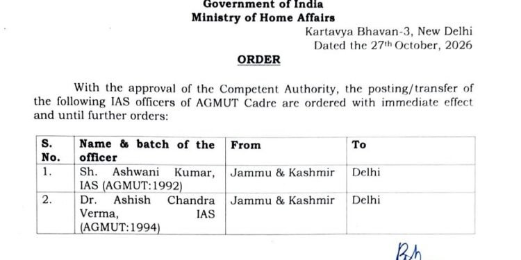 MAJOR ADMINISTRATIVE SHAKE-UP: CENTRE TRANSFERS TWO SENIOR IAS OFFICERS FROM JAMMU & KASHMIR TO DELHI