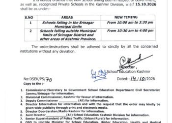 J&K School Education Department Revises School Timings in Kashmir Division from October 15, 2026