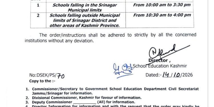 J&K School Education Department Revises School Timings in Kashmir Division from October 15, 2026